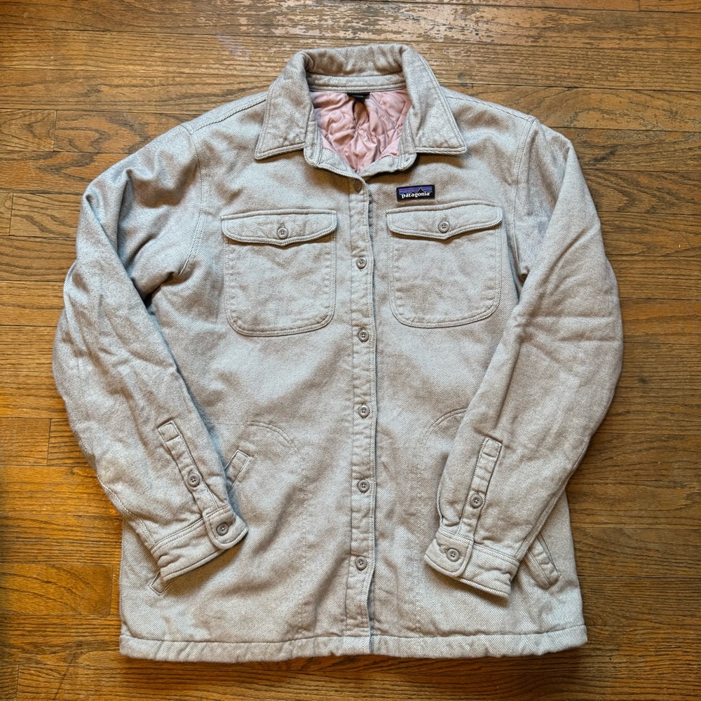 PATAGONIA Insulated Fjord Flannel Jacket Gray Pink Lined Button Up Pockets L EUC
